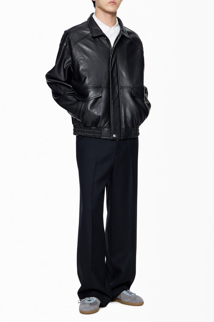 Black Band-Neck Leather Jacket