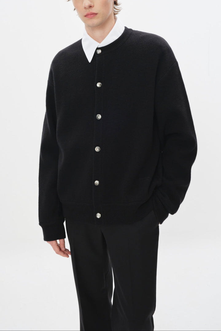 Black Round Neck Wool Cardigan