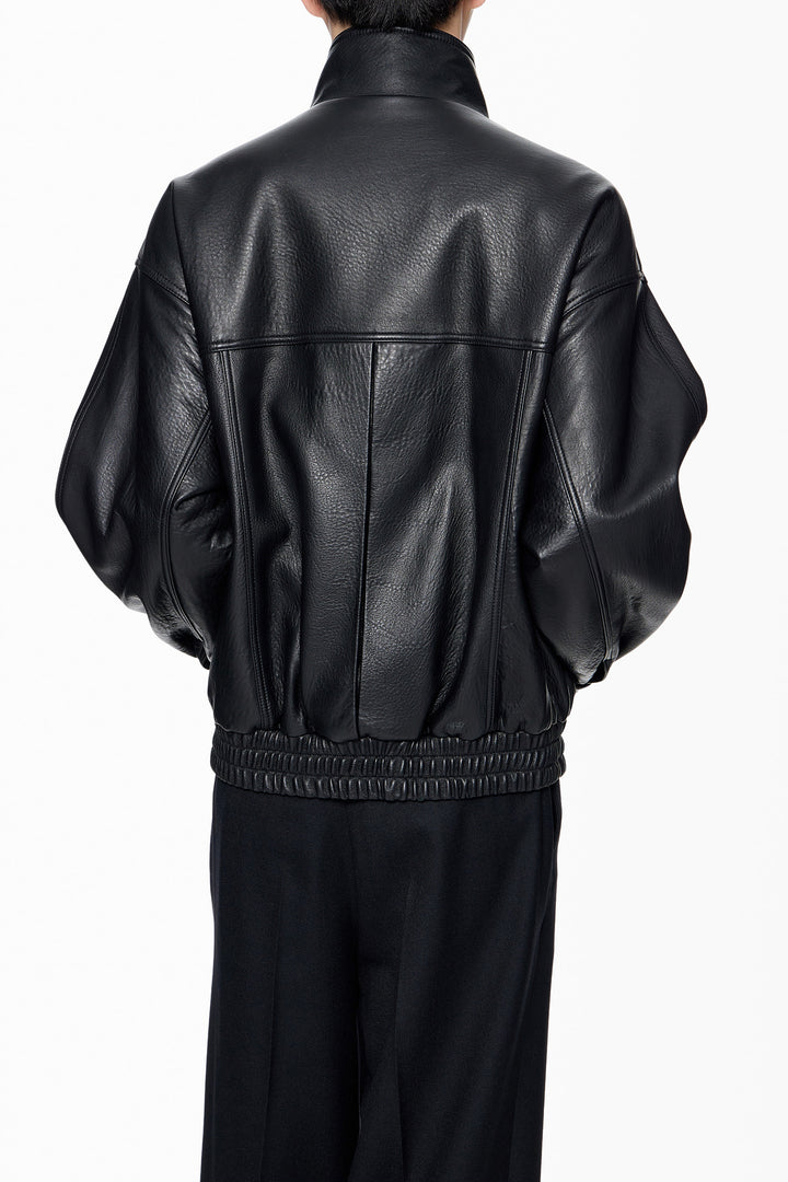 Black Band-Neck Leather Jacket