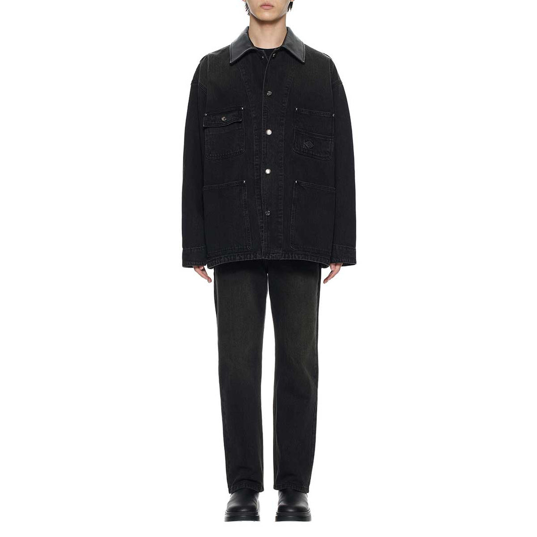 WOOYOUNGMI - Leather Collar Tin-washed Denim Coat