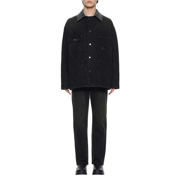 WOOYOUNGMI - Leather Collar Tin-washed Denim Coat