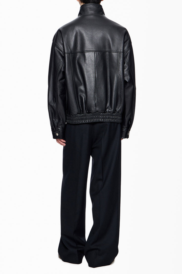Black Band-Neck Leather Jacket