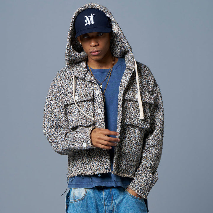 HERRINGBONE CROPPED HOODY – NAVY