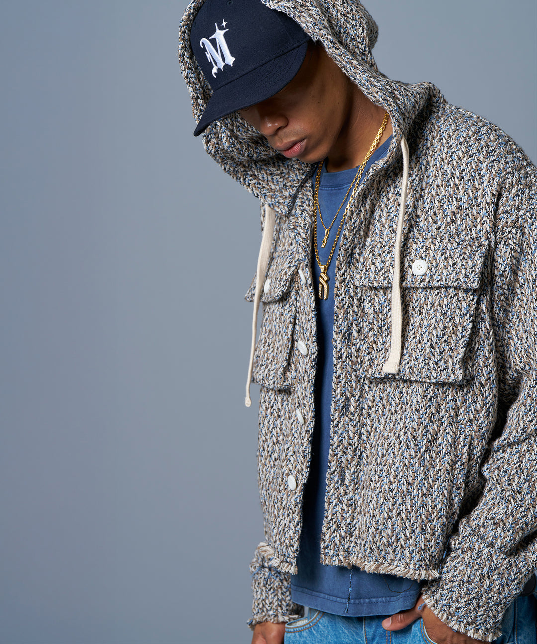 HERRINGBONE CROPPED HOODY – NAVY