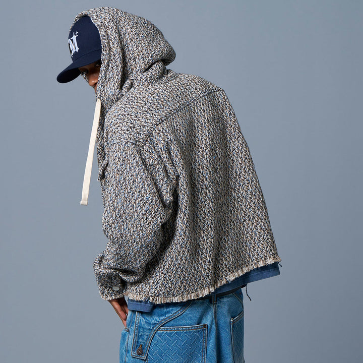 HERRINGBONE CROPPED HOODY – NAVY