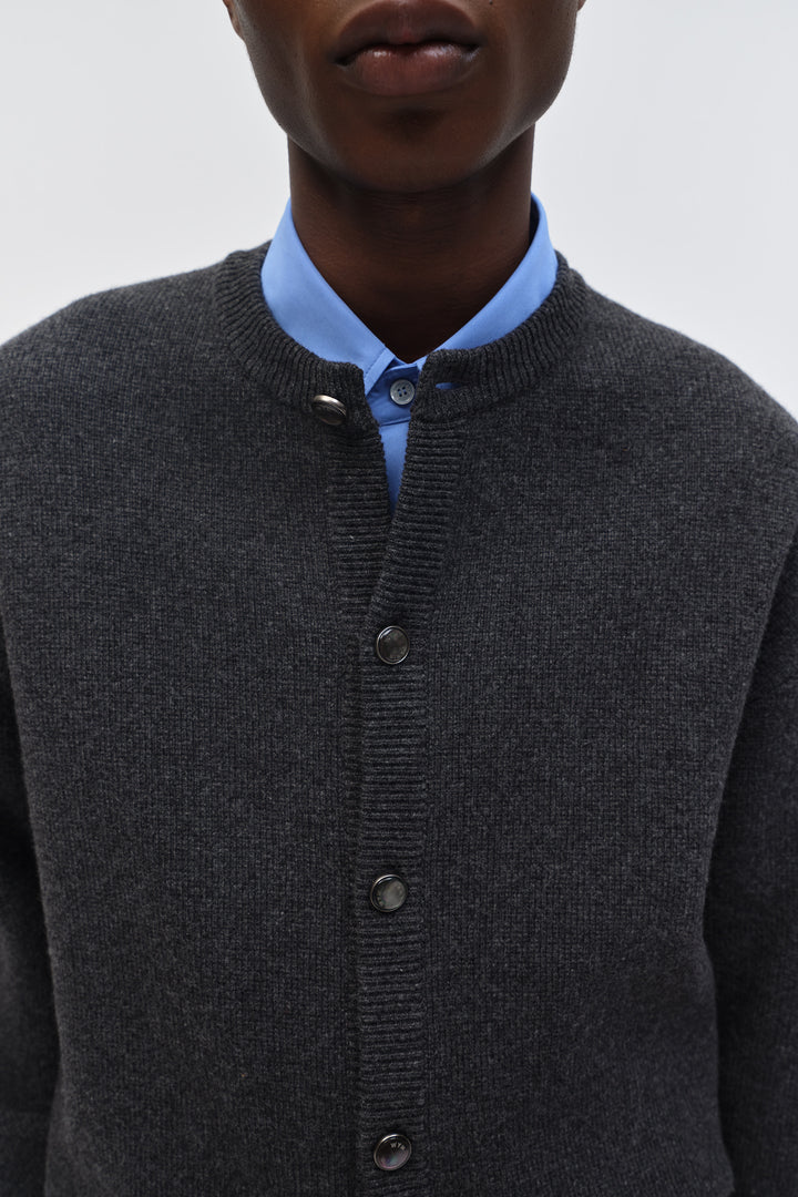 Gray Round Neck Wool Cardigan