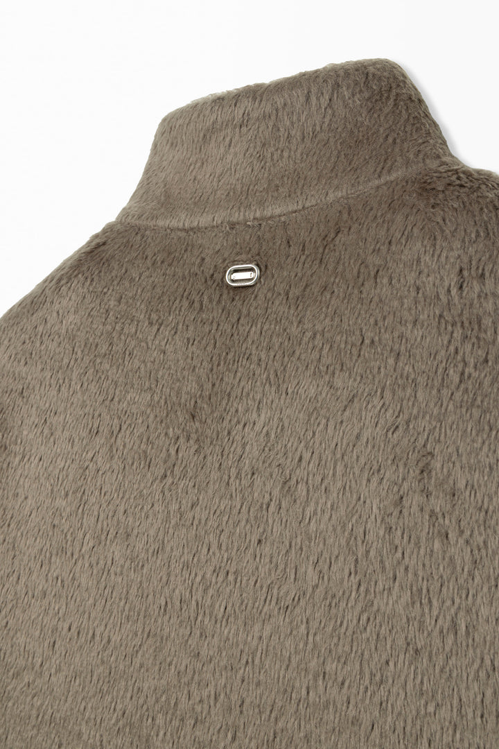 Brown Hairy High-Neck Zip-Up Jacket