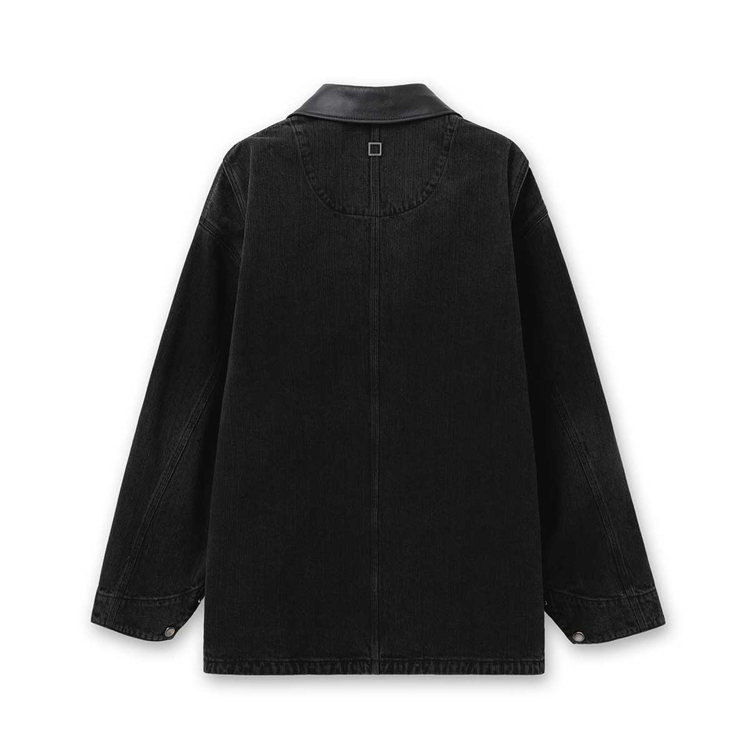 WOOYOUNGMI - Leather Collar Tin-washed Denim Coat