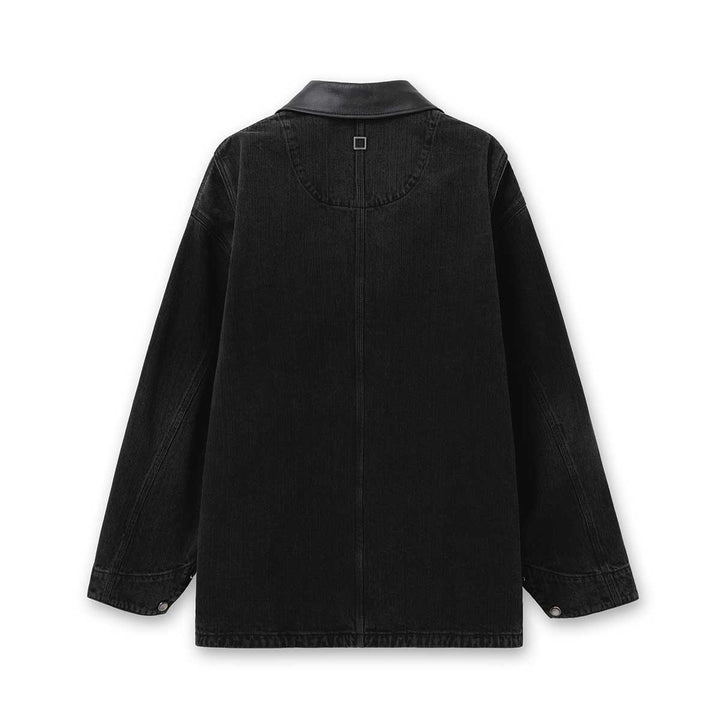 WOOYOUNGMI - Leather Collar Tin-washed Denim Coat