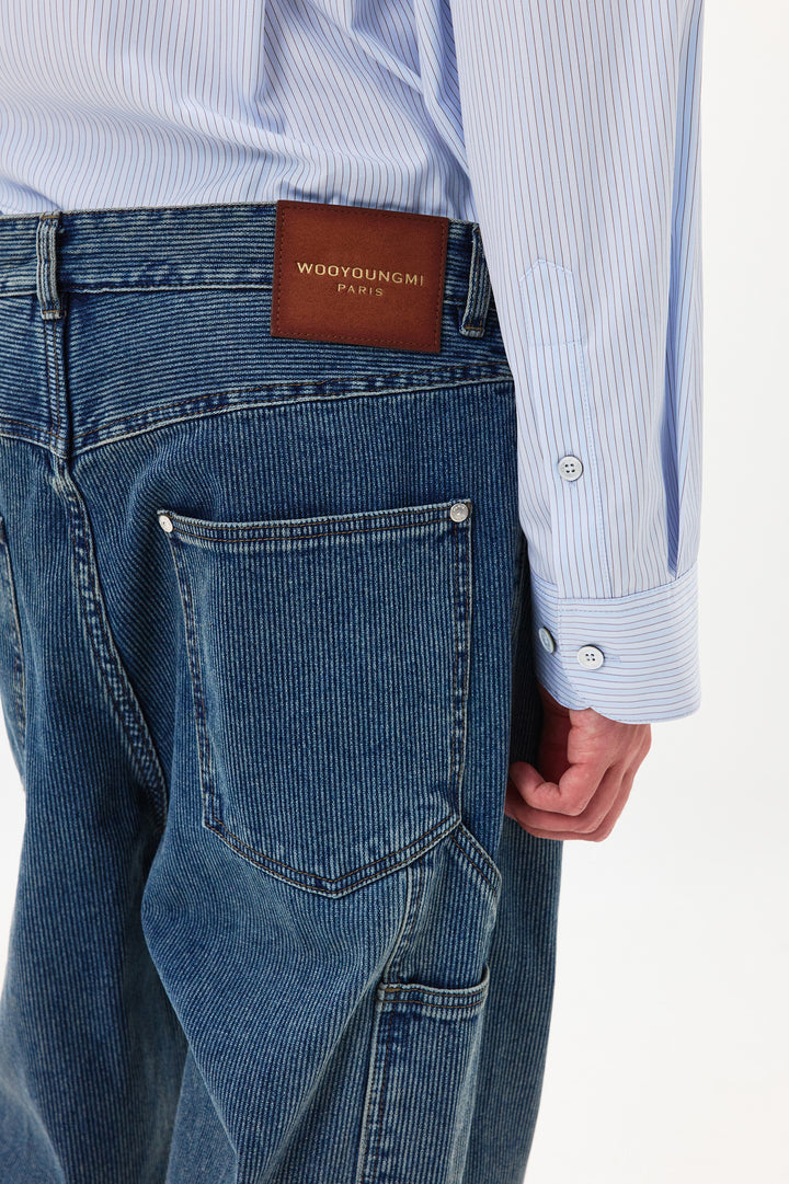 Blue Straight Ribbed Denim Pants