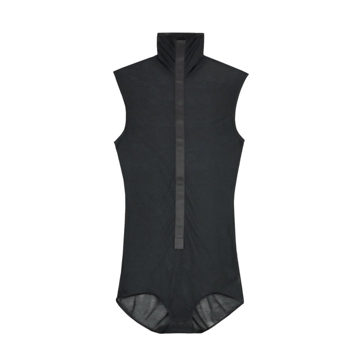 black sleeveless tuxedo bodysuit