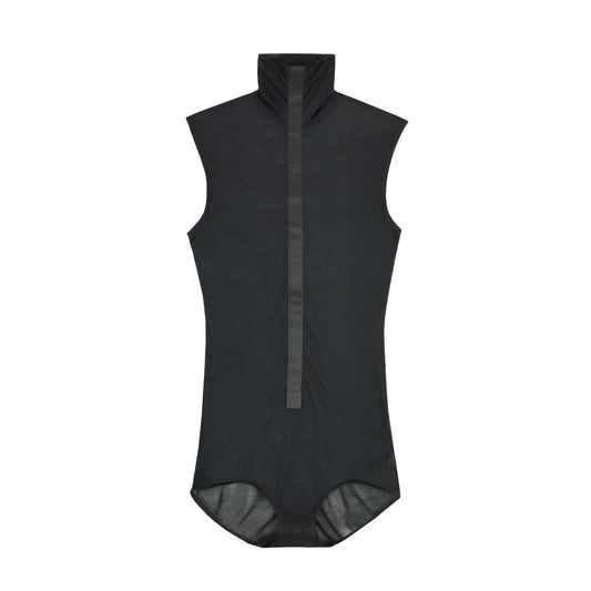 black sleeveless tuxedo bodysuit