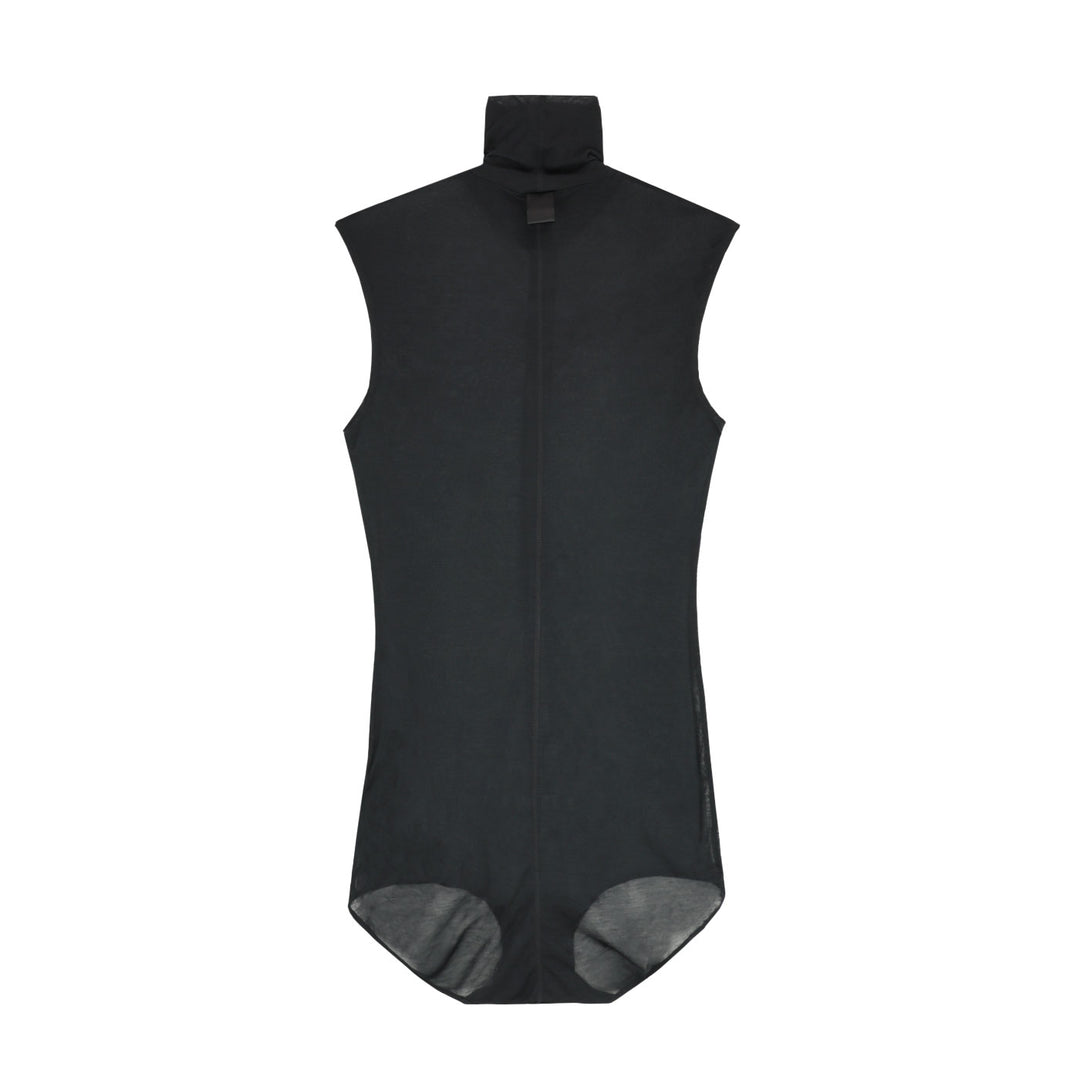 black sleeveless tuxedo bodysuit