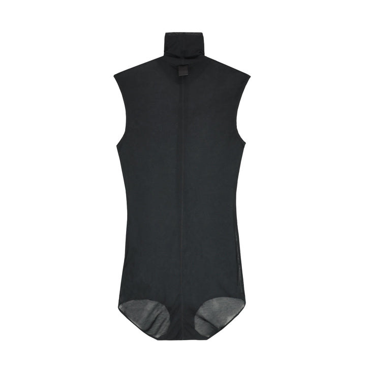 black sleeveless tuxedo bodysuit