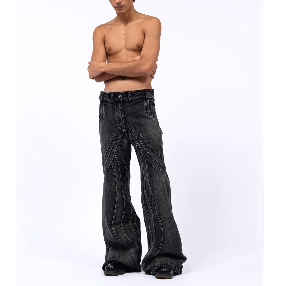 NO/FAITH STUDIOS デニム　ダメージ　コーティング　ブラック　M NO/FAITH STUDIOS CARGO DENIM PANTS BLACK