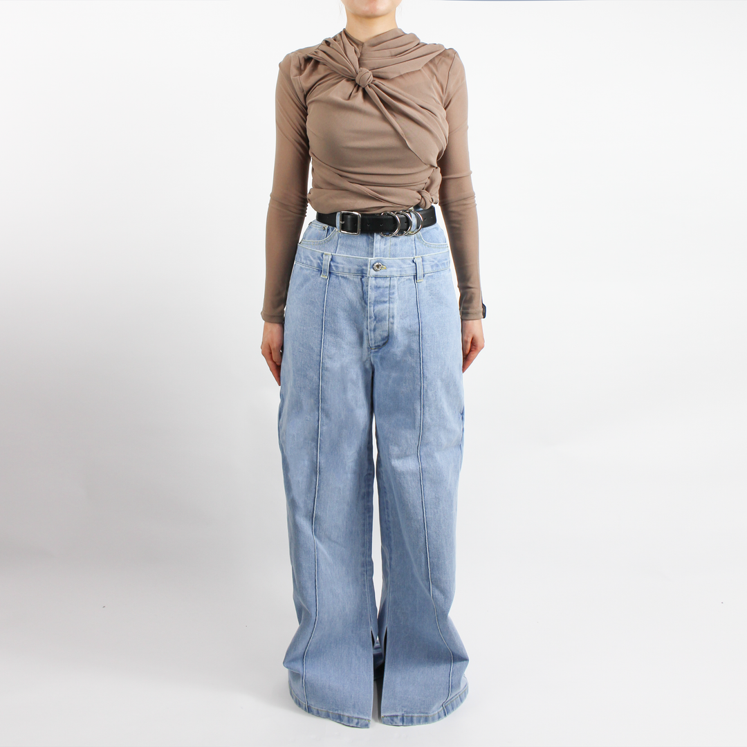 DOUBLE WAISTBAND & FLAP DETAILED DENIM TROUSERS - Rokh