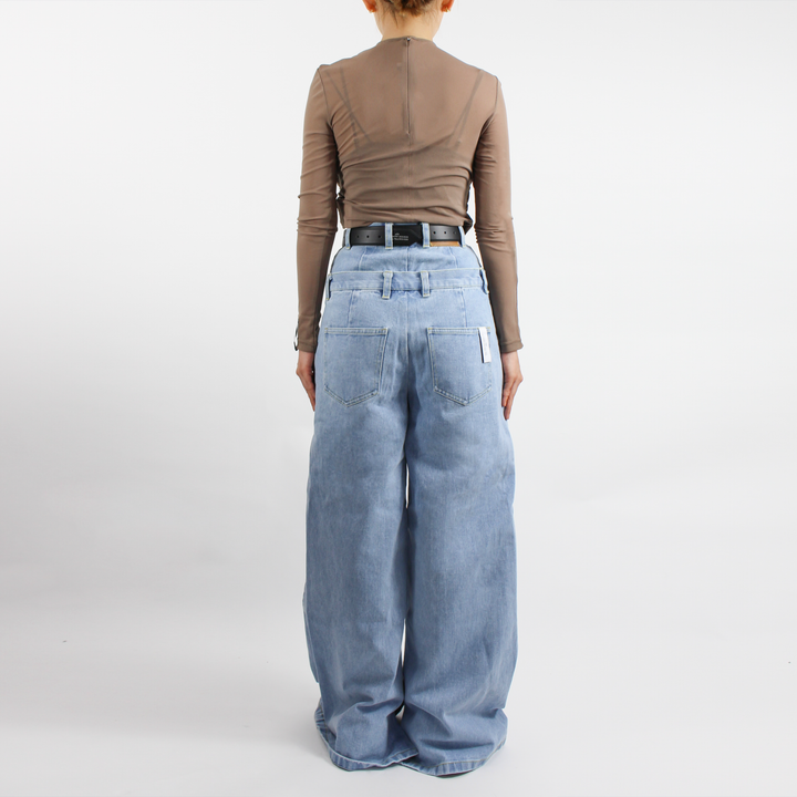 DOUBLE WAISTBAND & FLAP DETAILED DENIM TROUSERS - Rokh