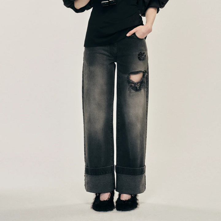 Simone Rocha - CROPPED DISTRESSED STRAIGHT LEG JEANS W/ EMB