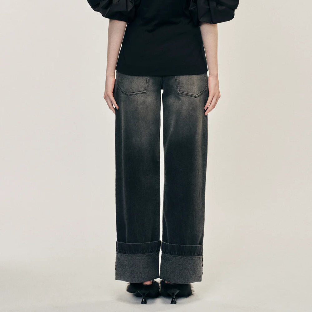 Simone Rocha - CROPPED DISTRESSED STRAIGHT LEG JEANS W/ EMB