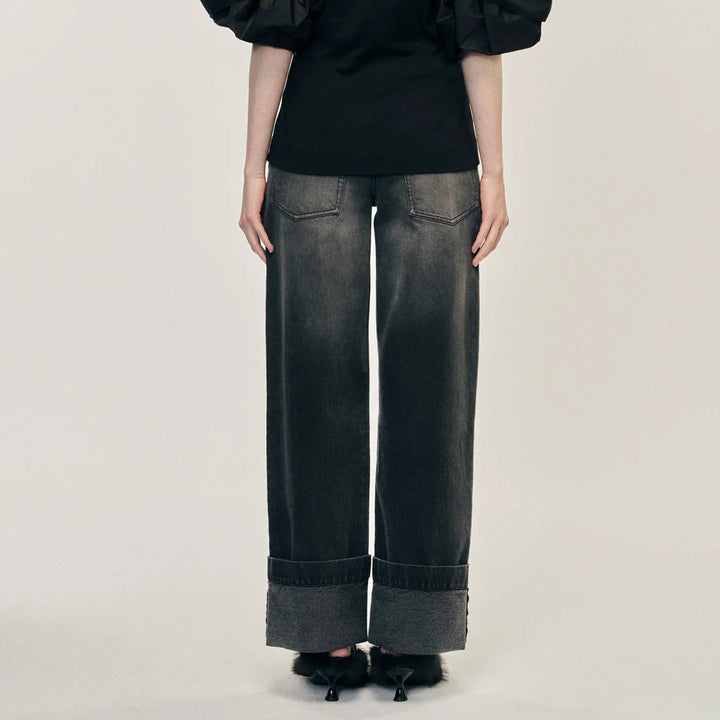 Simone Rocha - CROPPED DISTRESSED STRAIGHT LEG JEANS W/ EMB