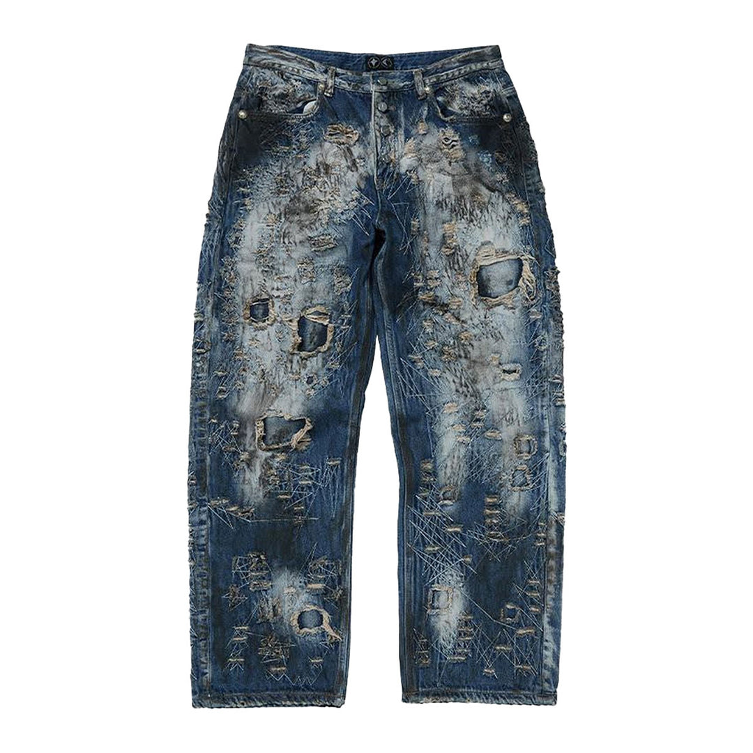 THUG CLUB - Hard-Washed Damaged Denim Pants