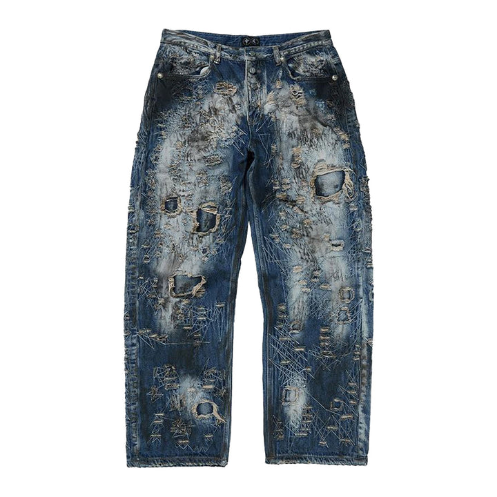THUG CLUB - Hard-Washed Damaged Denim Pants