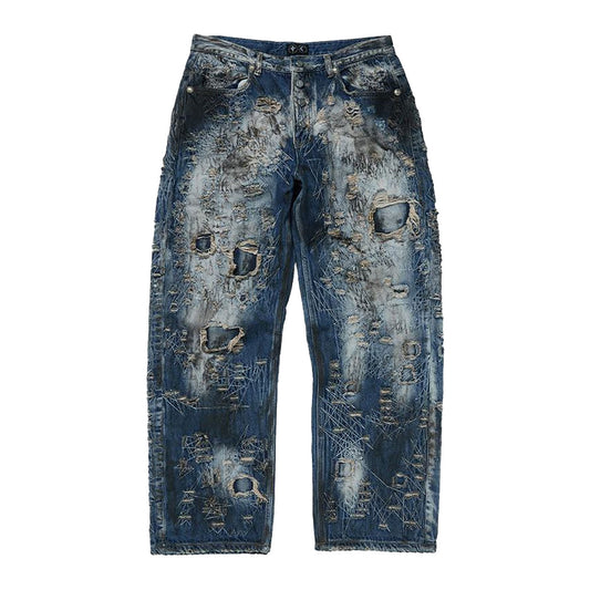 THUG CLUB - Hard-Washed Damaged Denim Pants