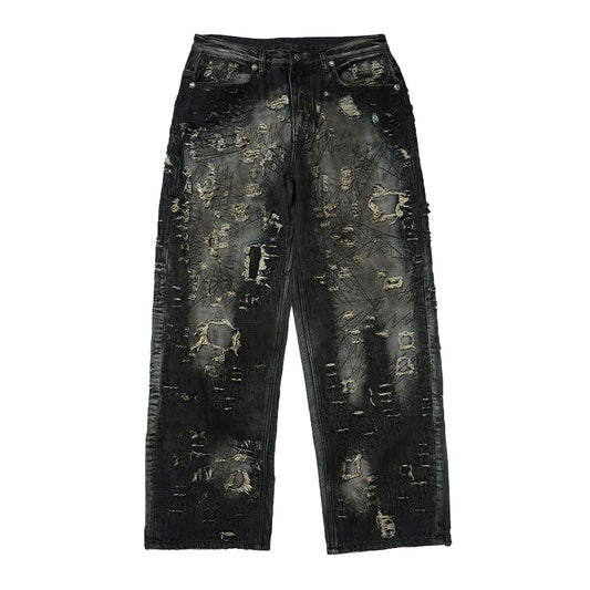 THUG CLUB - Hard-Washed Damaged Denim Pants