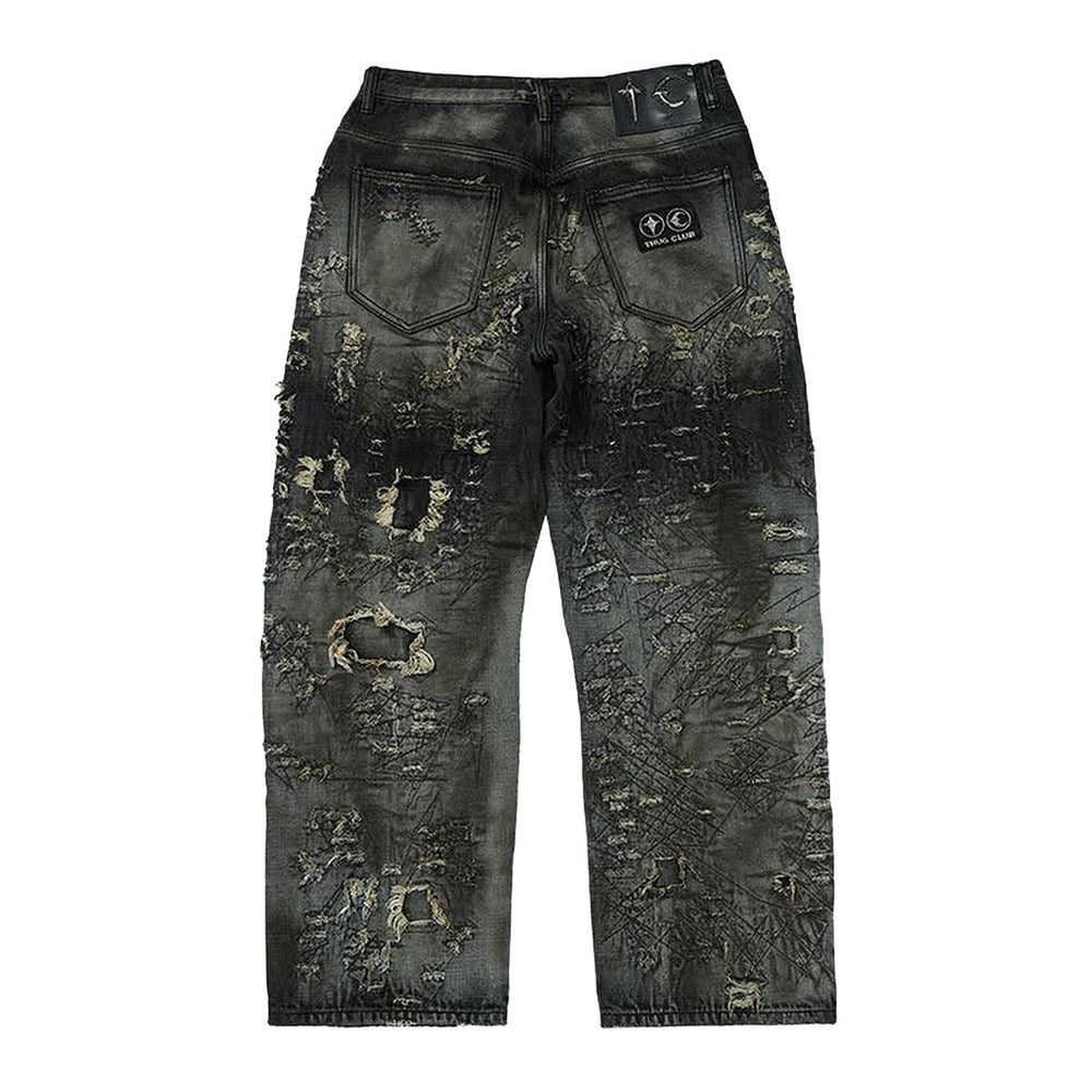 THUG CLUB - Hard-Washed Damaged Denim Pants