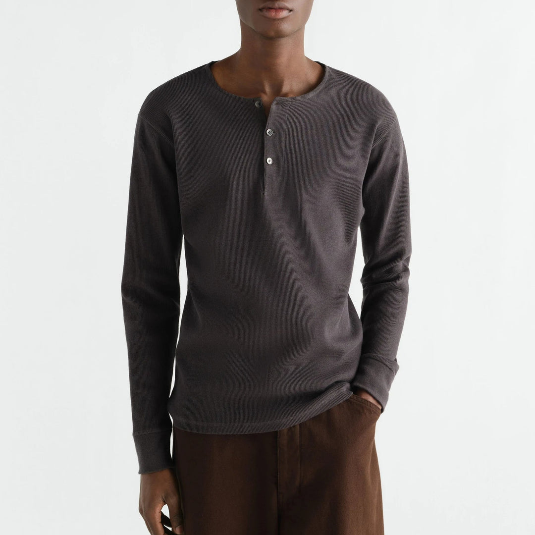 Long-sleeve linen and cotton ribbed jersey Henley T-shirt
