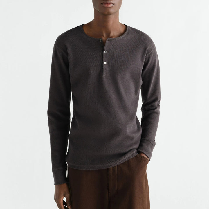 Long-sleeve linen and cotton ribbed jersey Henley T-shirt