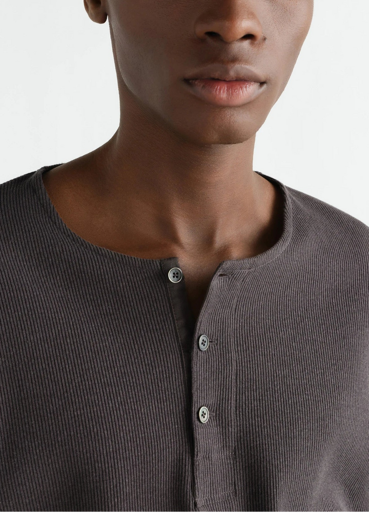 Long-sleeve linen and cotton ribbed jersey Henley T-shirt
