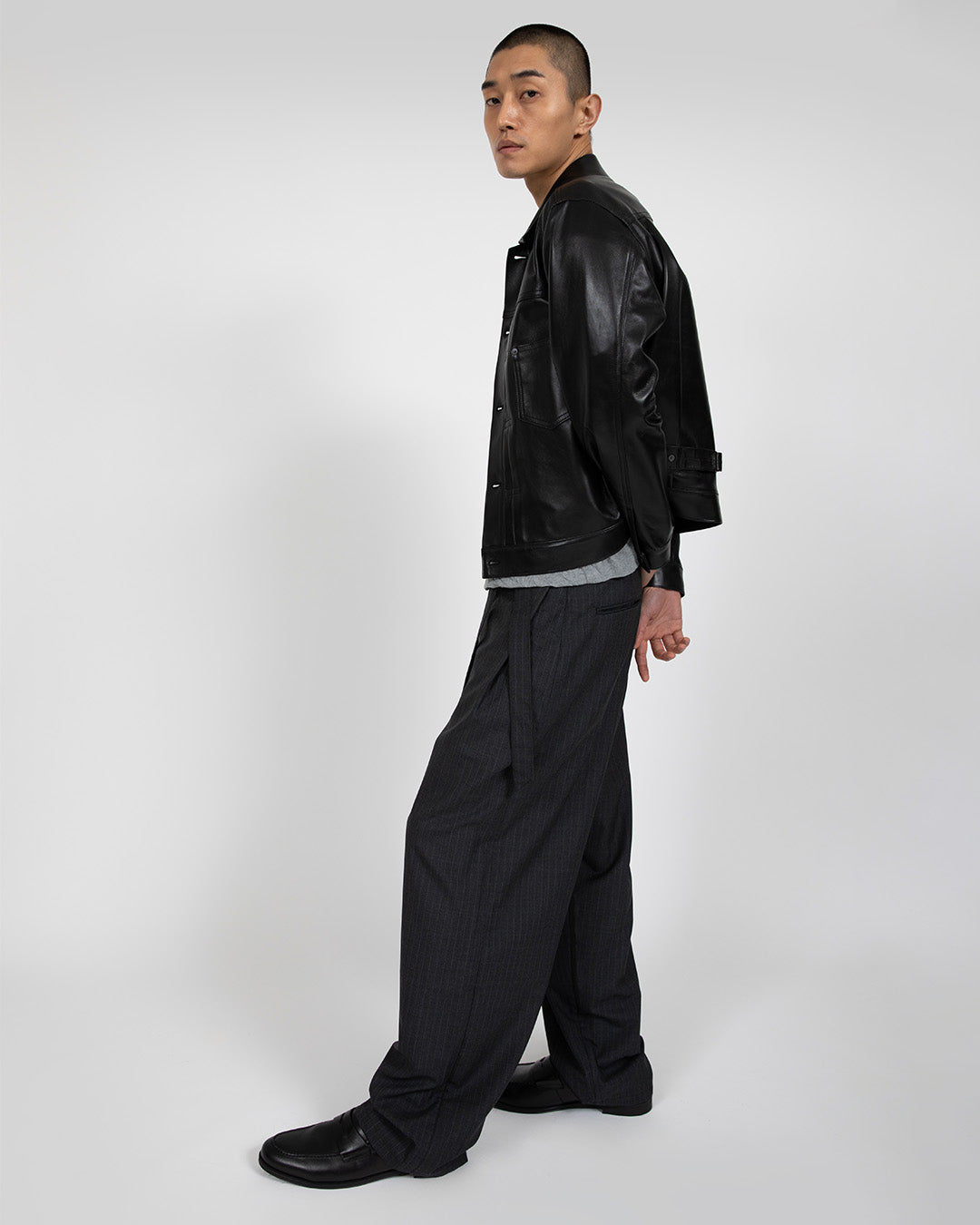 REN PINSTRIPE BELTED TUCK TROUSERS IN WOOL