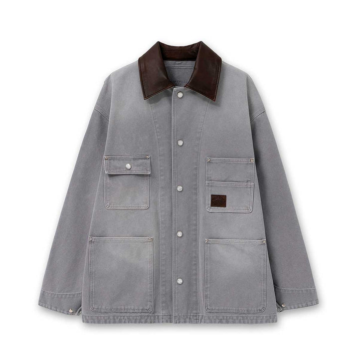 WOOYOUNGMI - Leather Collar Dyed Denim Coat