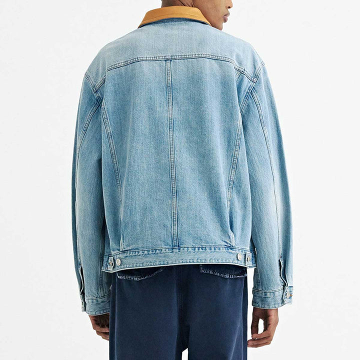 SOLID HOMME - Leather Collared Denim Trucker Jacket