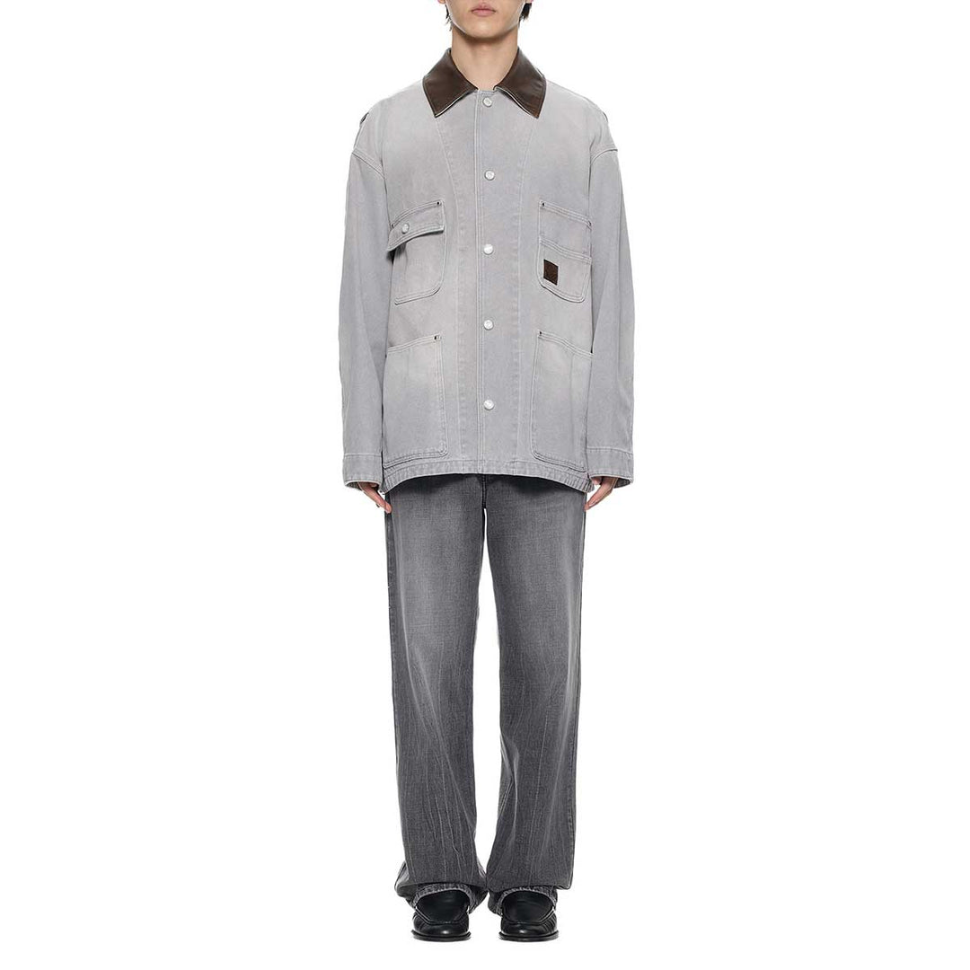 WOOYOUNGMI - Leather Collar Dyed Denim Coat