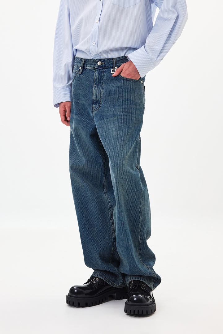 Blue Straight Ribbed Denim Pants