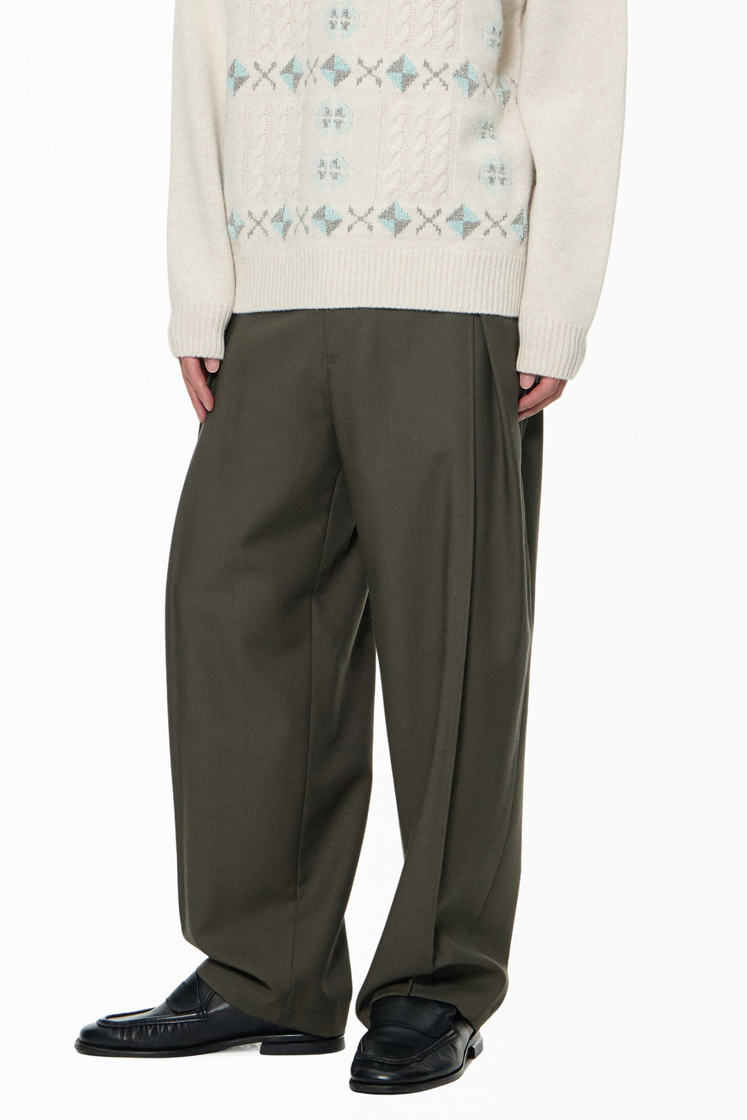 Khaki Wool Single-Pleat Side Pants