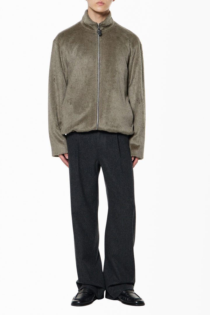 Brown Hairy High-Neck Zip-Up Jacket