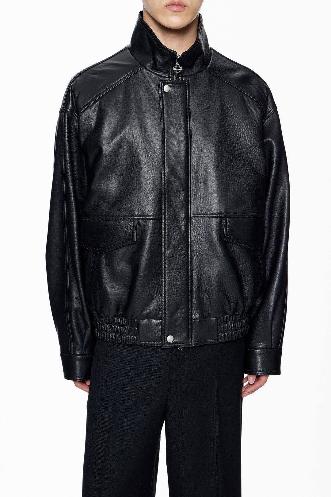 Black Band-Neck Leather Jacket
