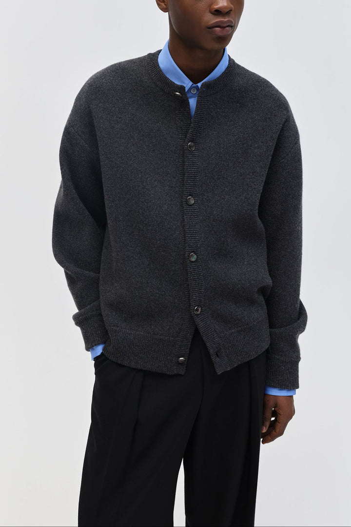 Gray Round Neck Wool Cardigan