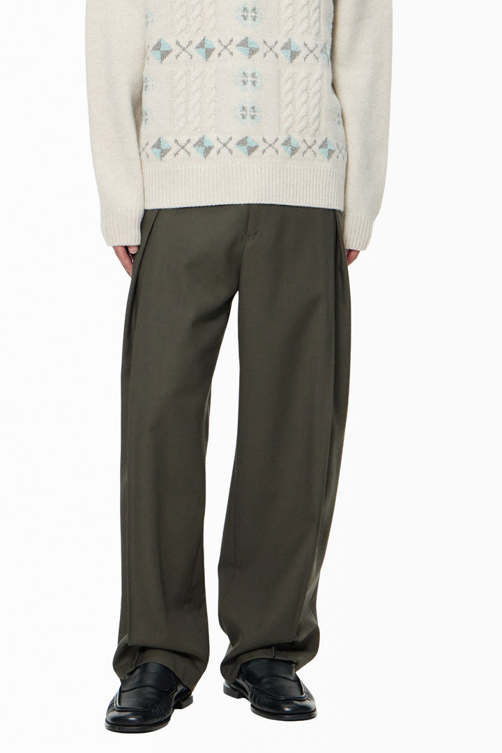Khaki Wool Single-Pleat Side Pants