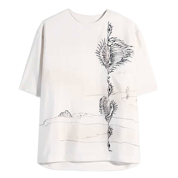 Shell print silk button-neck top