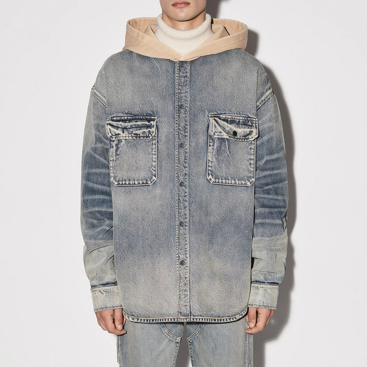 DENIM HOODED OVERSHIRT - Why are you here?